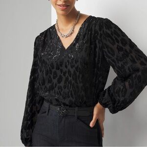White House Black Market Black Metallic Animal-Print V-Neck Blouse